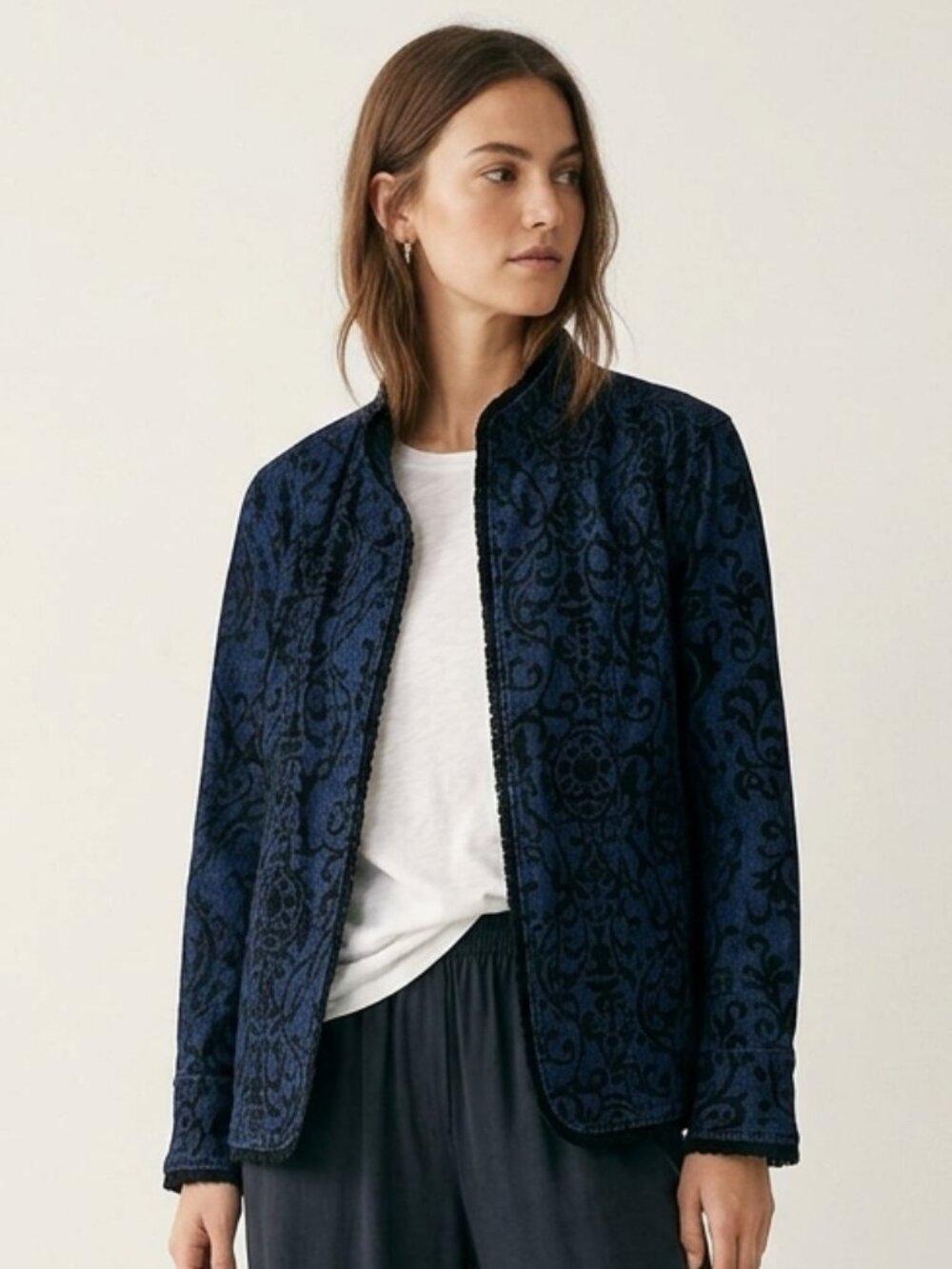 Liz Claiborne Denim Jacket Blue Black Floral Boho Casual Velvet XL
